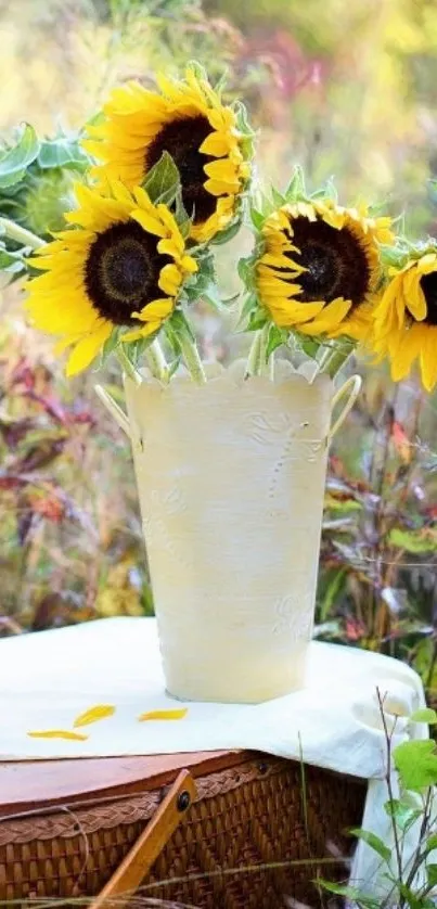 Vibrant sunflowers in vase on a picnic table in a field.