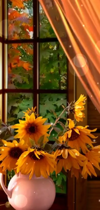 Sunflowers by window with autumn view and sheer curtains.