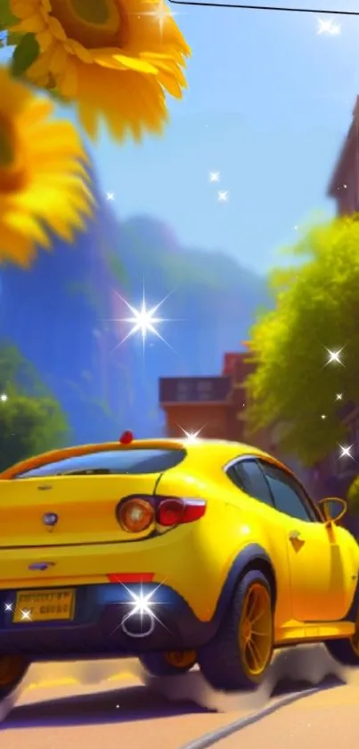 Yellow car with sunflowers and sparkling street art.