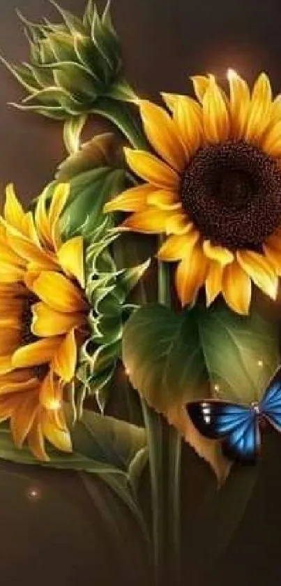 Yellow sunflowers with a blue butterfly on a dark background.