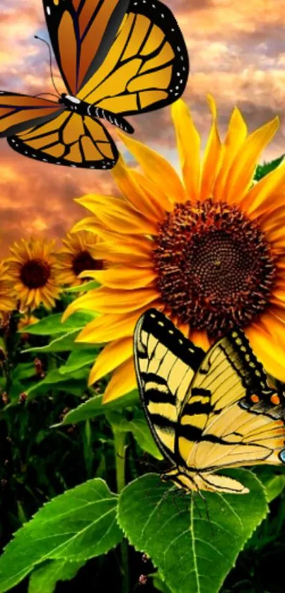 Golden sunflowers and butterflies in a vibrant sunset scene.