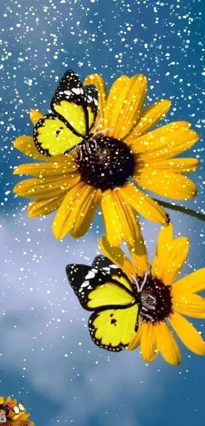 Two bright yellow sunflowers with butterflies against a blue sky.