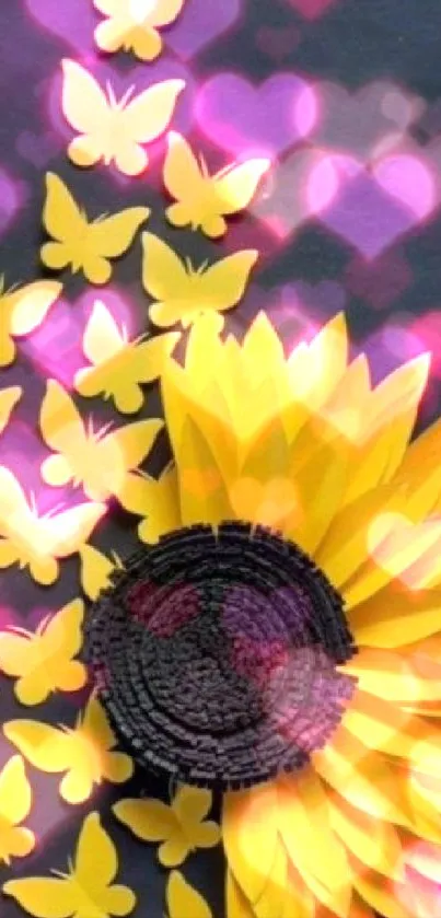 Sunflower and butterfly wallpaper with 'Good Morning' message in yellow.