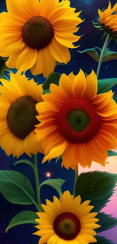 Vibrant sunflowers with galaxy background wallpaper.