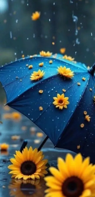 Blue umbrella with sunflowers and raindrops.