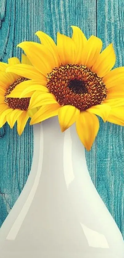 Sunflower vase with blue wooden background.