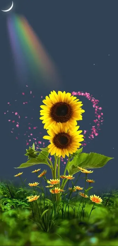 Sunflowers under a moonlit sky with a rainbow effect.