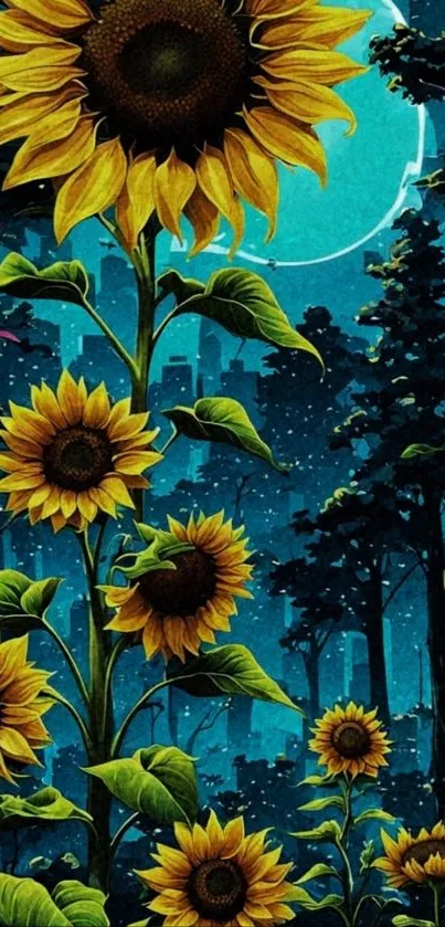 Vibrant sunflowers beneath a moonlit sky in a serene forest setting.