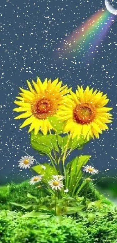 Yellow sunflowers under a moonlit sky with a colorful rainbow.