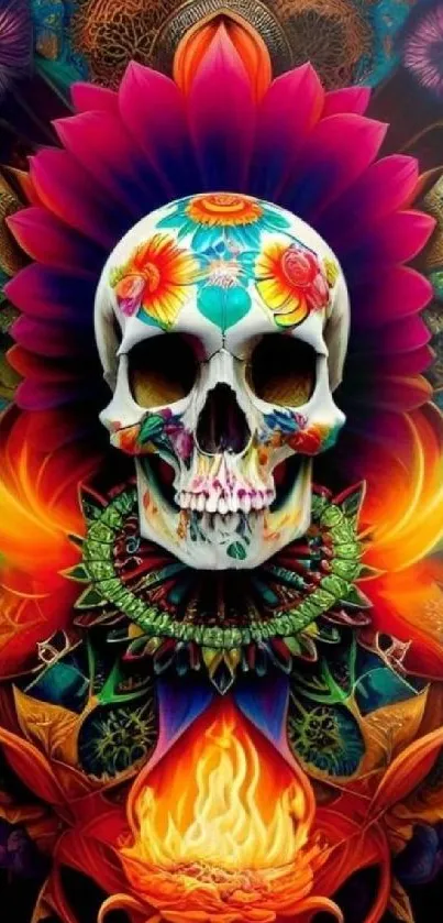 Vibrant skull artwork with floral designs and bright colors.