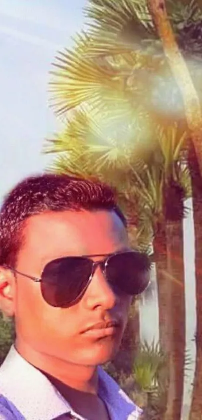 Person with sunglasses in tropical setting under sunlight.