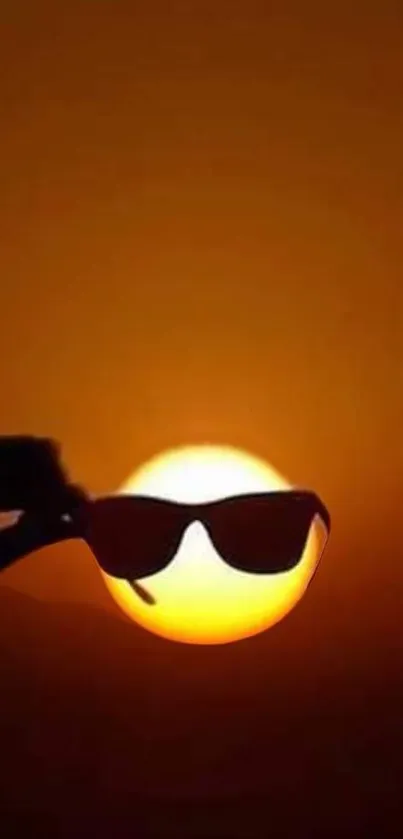 Silhouette of sunglasses against a vibrant sunset sky.