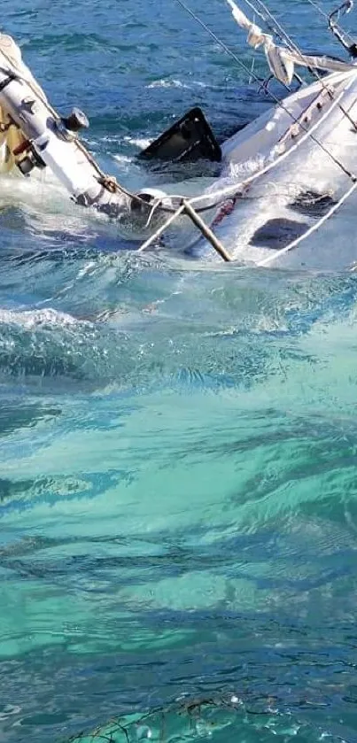 Sunken sailboat submerged in turquoise ocean.