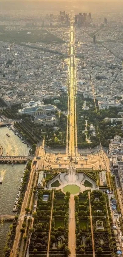 Aerial view of cityscape glowing in golden sunlight, perfect for wallpaper.