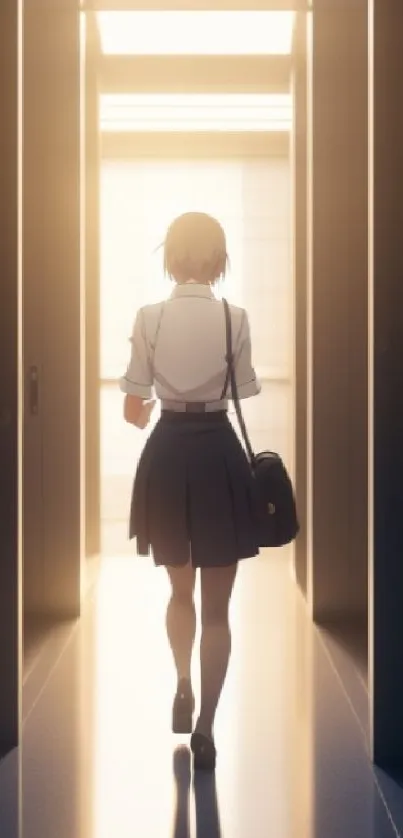 Anime girl walking in sunlit school hallway scene.