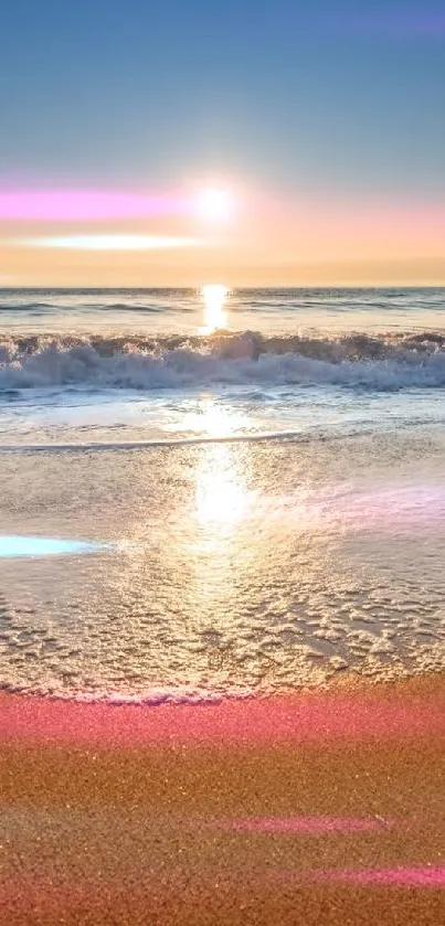 Peaceful sunset on a sandy beach with gentle ocean waves.