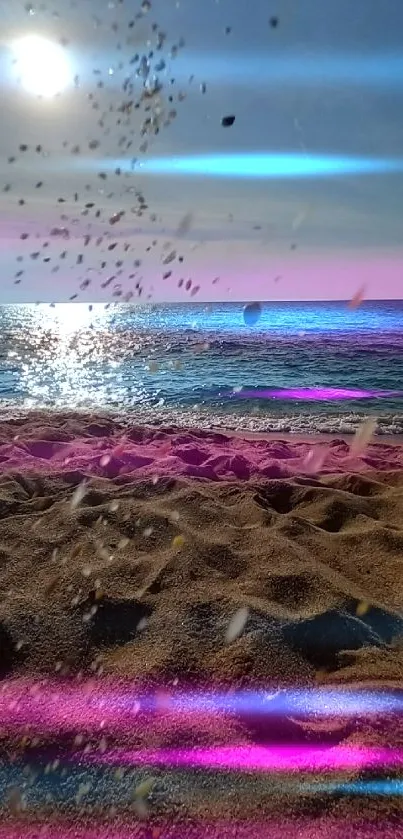 Sunlit beach with sand and ocean view under clear blue sky.