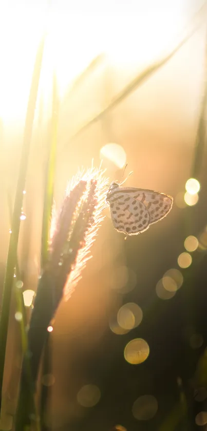 Butterfly resting on sunlit grass in meadow.