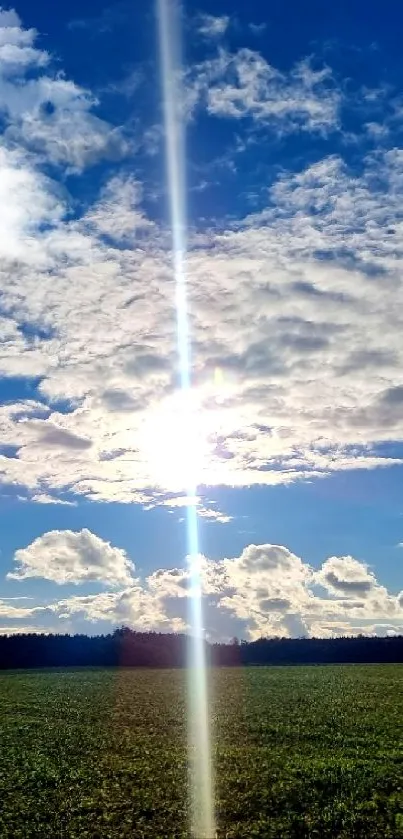 Sunlit cloudy sky over green field wallpaper.