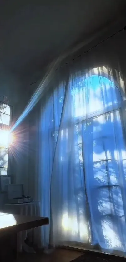 Sunlight filters through blue-tinted curtains in a serene room.