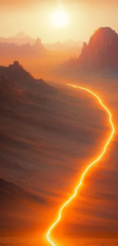 Glowing desert landscape with orange sunset and mountains.