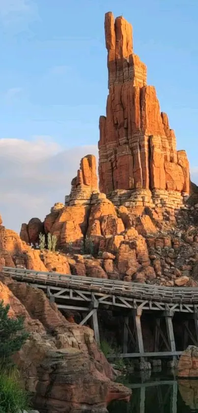 Sunlit red rock formations under a blue sky in a scenic desert landscape.