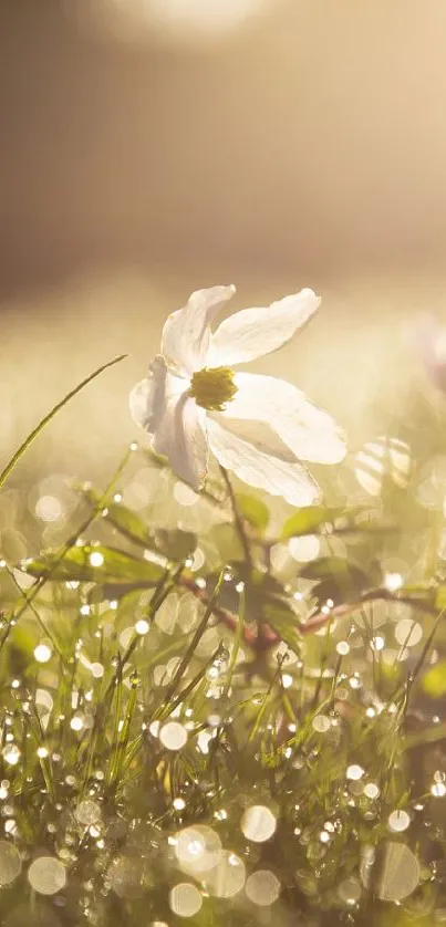 Sunlit white flowers with dew in the morning light create a serene wallpaper scene.