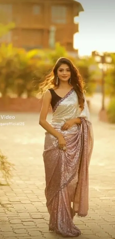 Woman in a sparkling saree at sunset.