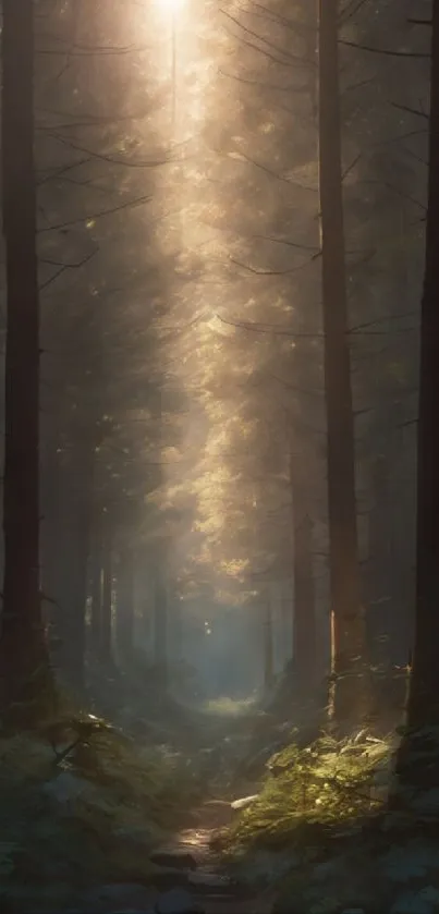 Sunlit path through a mystical forest landscape.