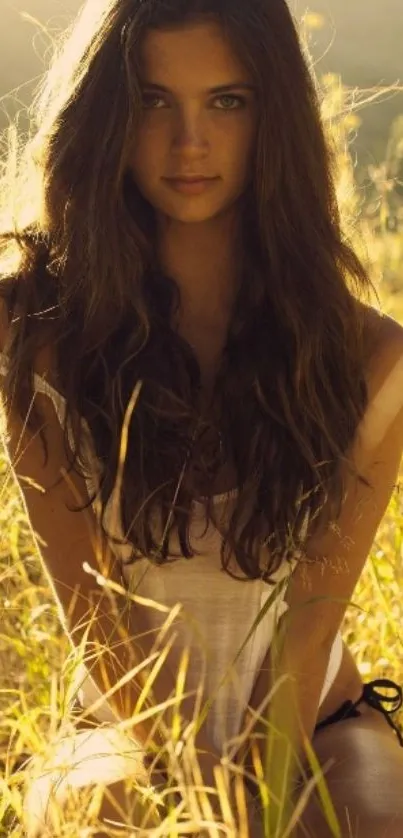 Portrait in sunlit field with golden hues.