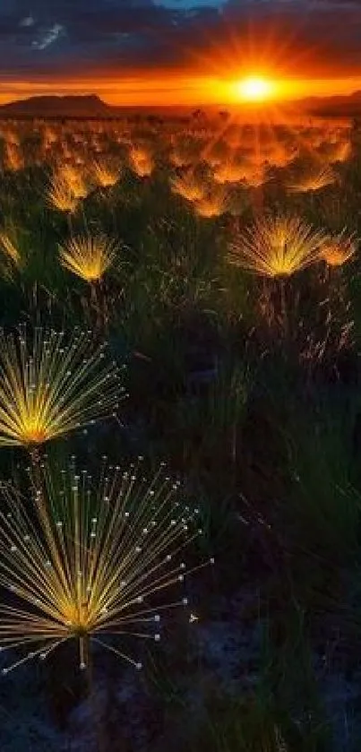 Sunset over glowing field with vibrant lights.