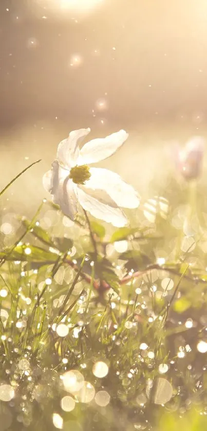 Dew-kissed grass and white flowers bathed in soft morning sunlight.