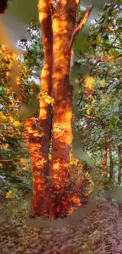 Sunlit autumn forest scene with golden-brown hues and trees.