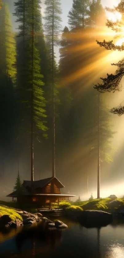 Sunlit forest cabin by a tranquil river with tall trees.