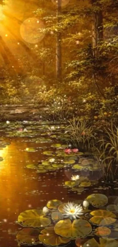 Sunlit forest pond with lilypads and trees creating a serene atmosphere.