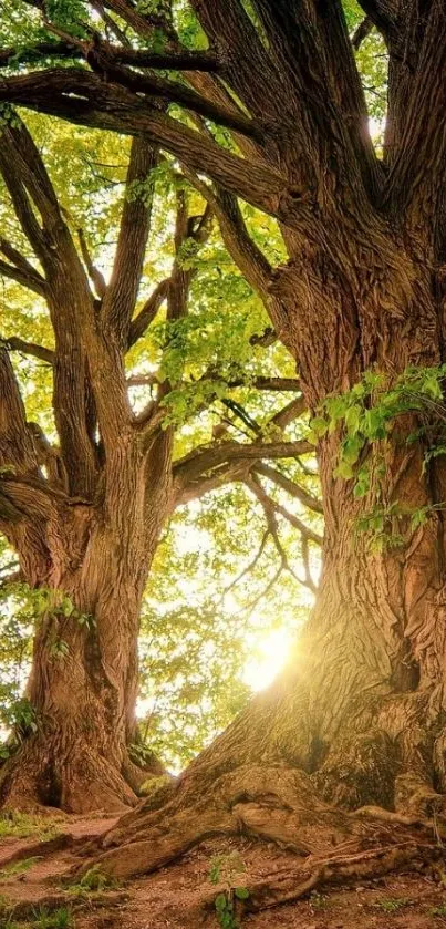 Sunlit forest with towering trees and lush greenery in the background.