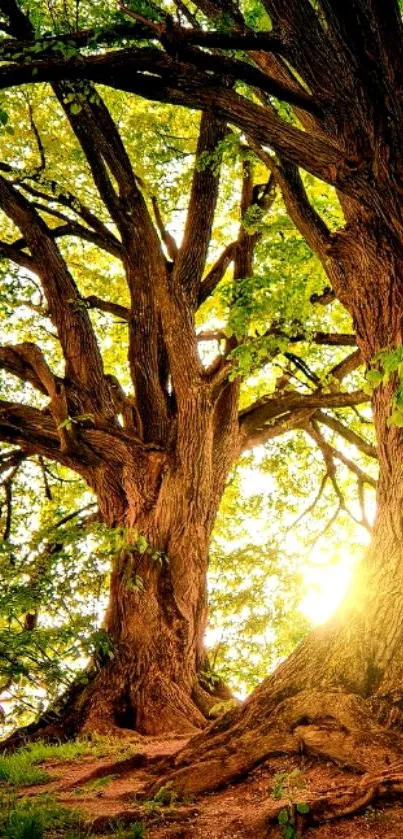 Majestic trees in forest with sunlight streaming through leaves.