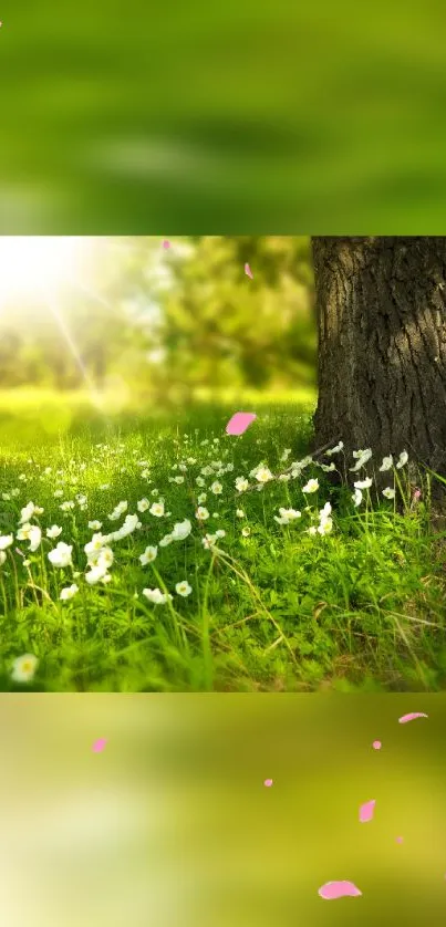 Sunlit forest wallpaper with vibrant greenery and white flowers.