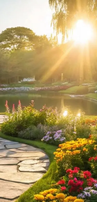Sunlight illuminates a garden path with vibrant flowers and serene surroundings.