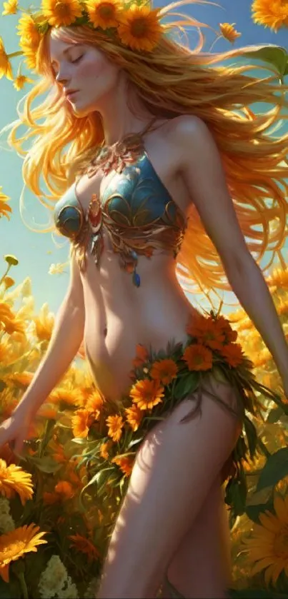 Sunlit goddess surrounded by vibrant golden sunflowers.