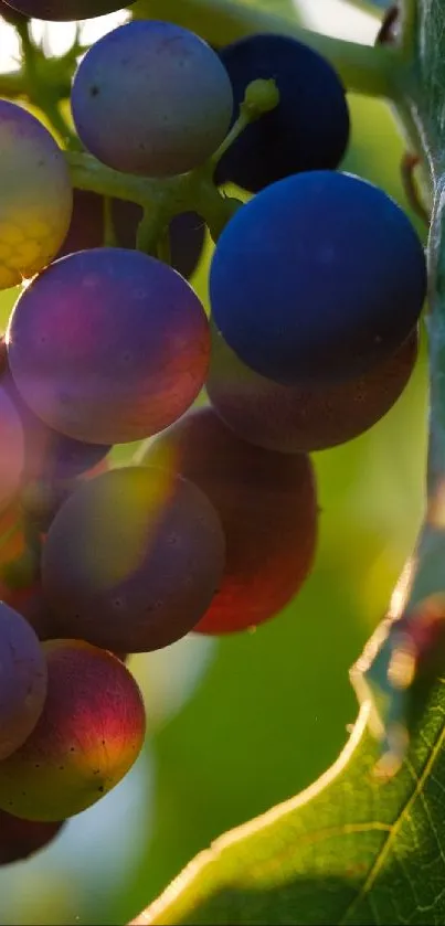 Grapes with sunlight streaming through leaves.