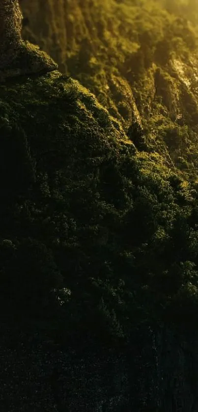 Sunlit green mountains with lush vegetation.