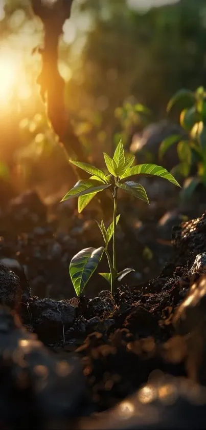 Sunlight illuminates a small green plant in soil, highlighting nature's growth.