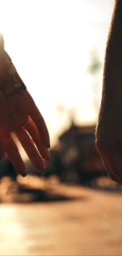 Two hands reaching out in warm sunlight.