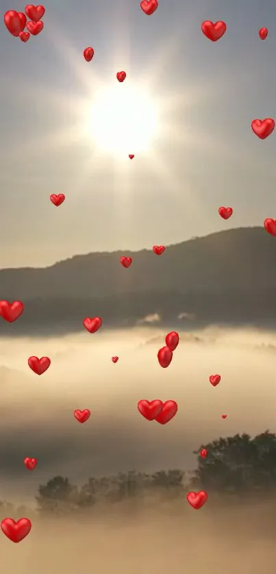 Wallpaper of a sunlit scene with red hearts floating over a foggy valley.