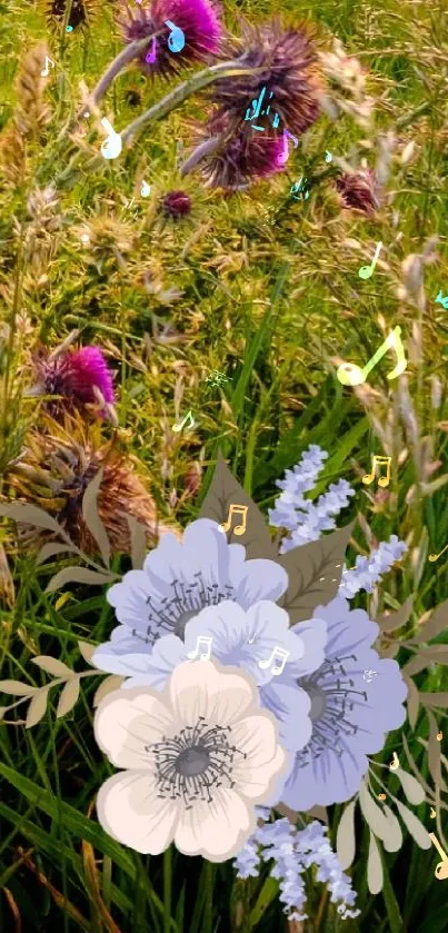 Sunlit hills and wildflowers in scenic landscape wallpaper.