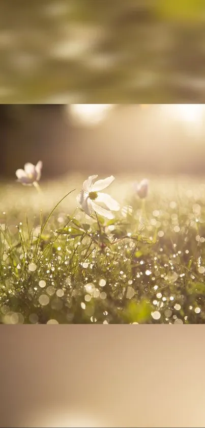 Sunlit meadow wallpaper with dewdrops and flowers.