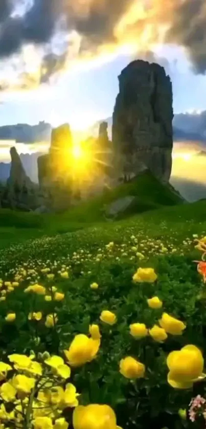 Sunlit mountain with yellow flowers in foreground under a colorful sky.