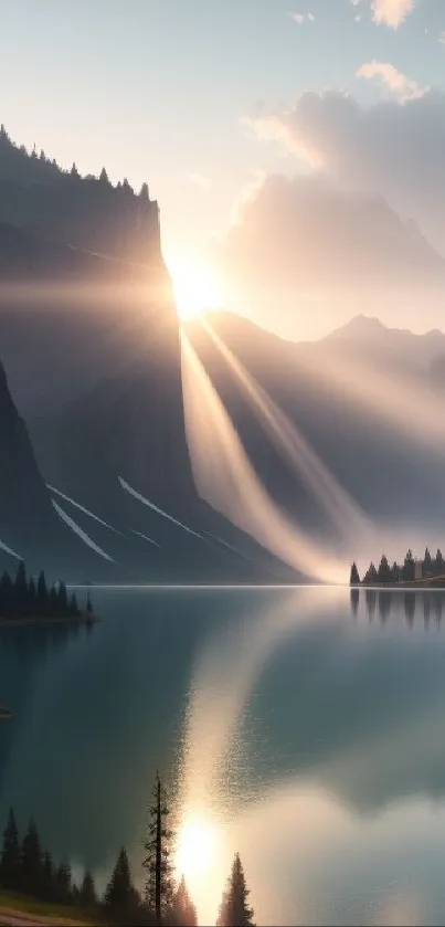 Serene mountain lake at sunrise with sunbeams through peaks.