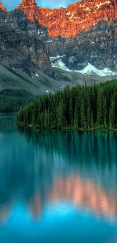 Sunlit mountain reflected in a serene, crystal-clear lake.